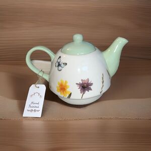 Floral Miniture Teapot Hand Painted Cream And Light‎ Green Butterly Flowers 4.5"